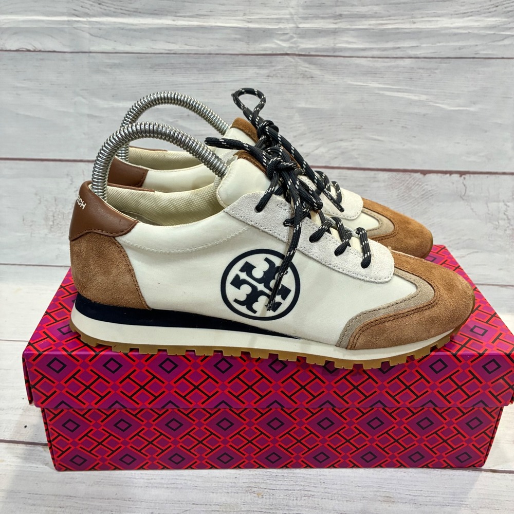 Tory Burch Annie Nylon Runner Sneakers Womens 7.5 Cream Brown Suede Logo - Picture 3 of 8